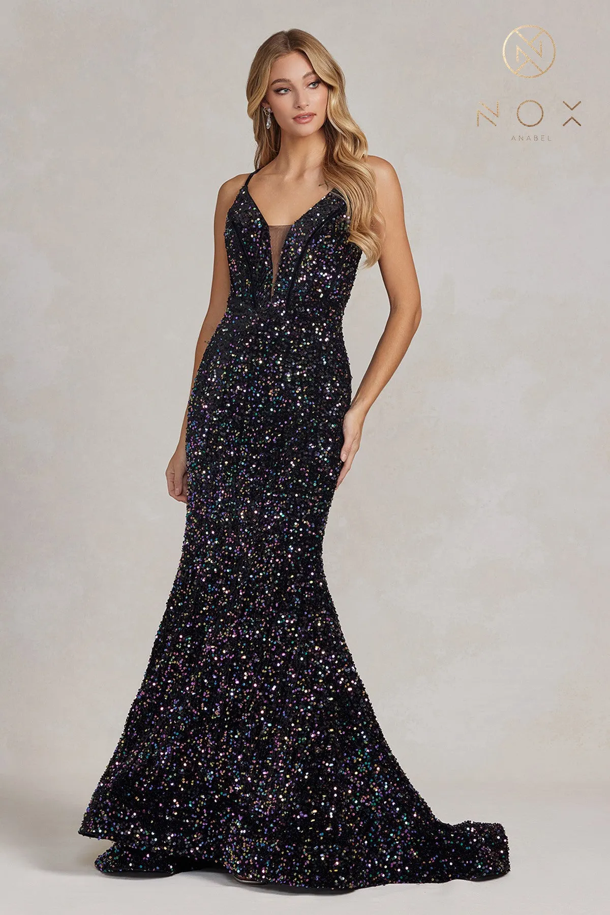 N C1109 - Full Sequin Fit & Flare Prom Gown with Corset Back