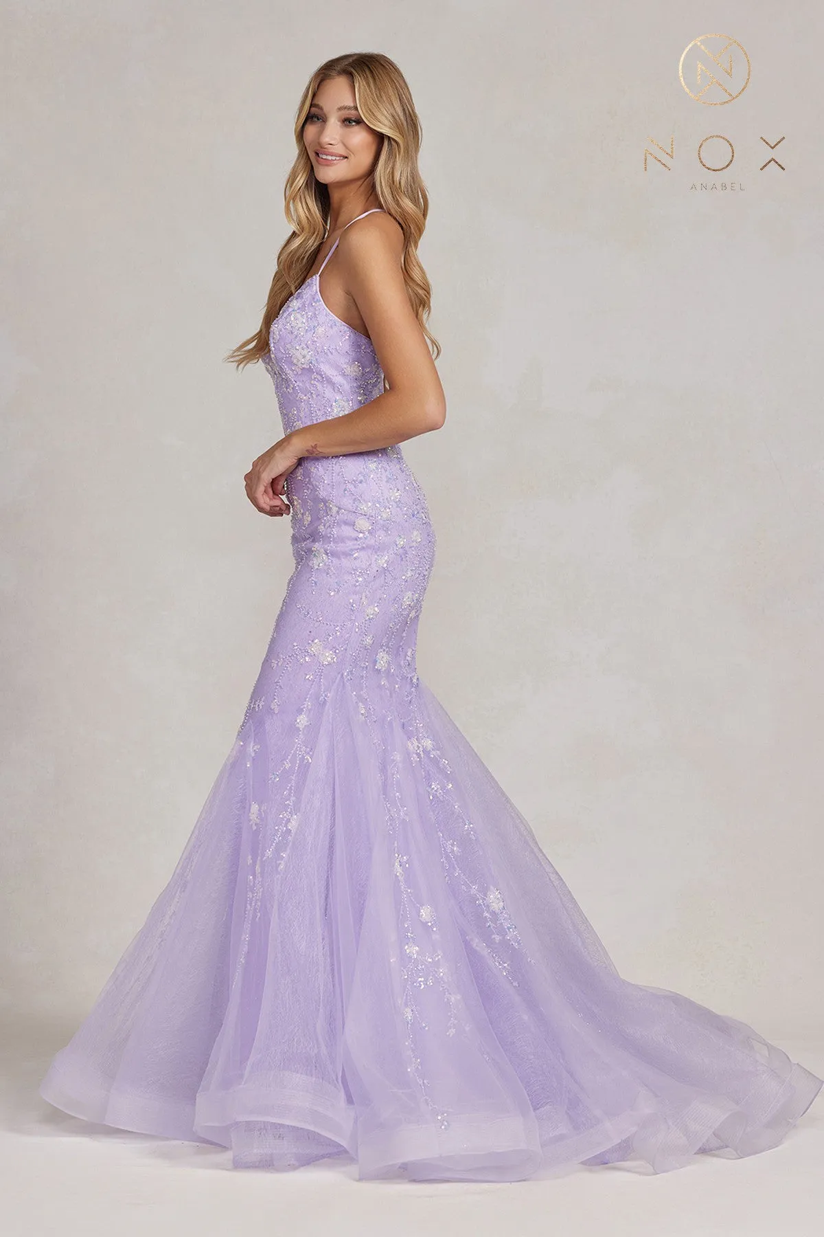 N C1117 -  Floral Embroidered Fit & Flare Prom Gown with & Open Lace Up Corset Back