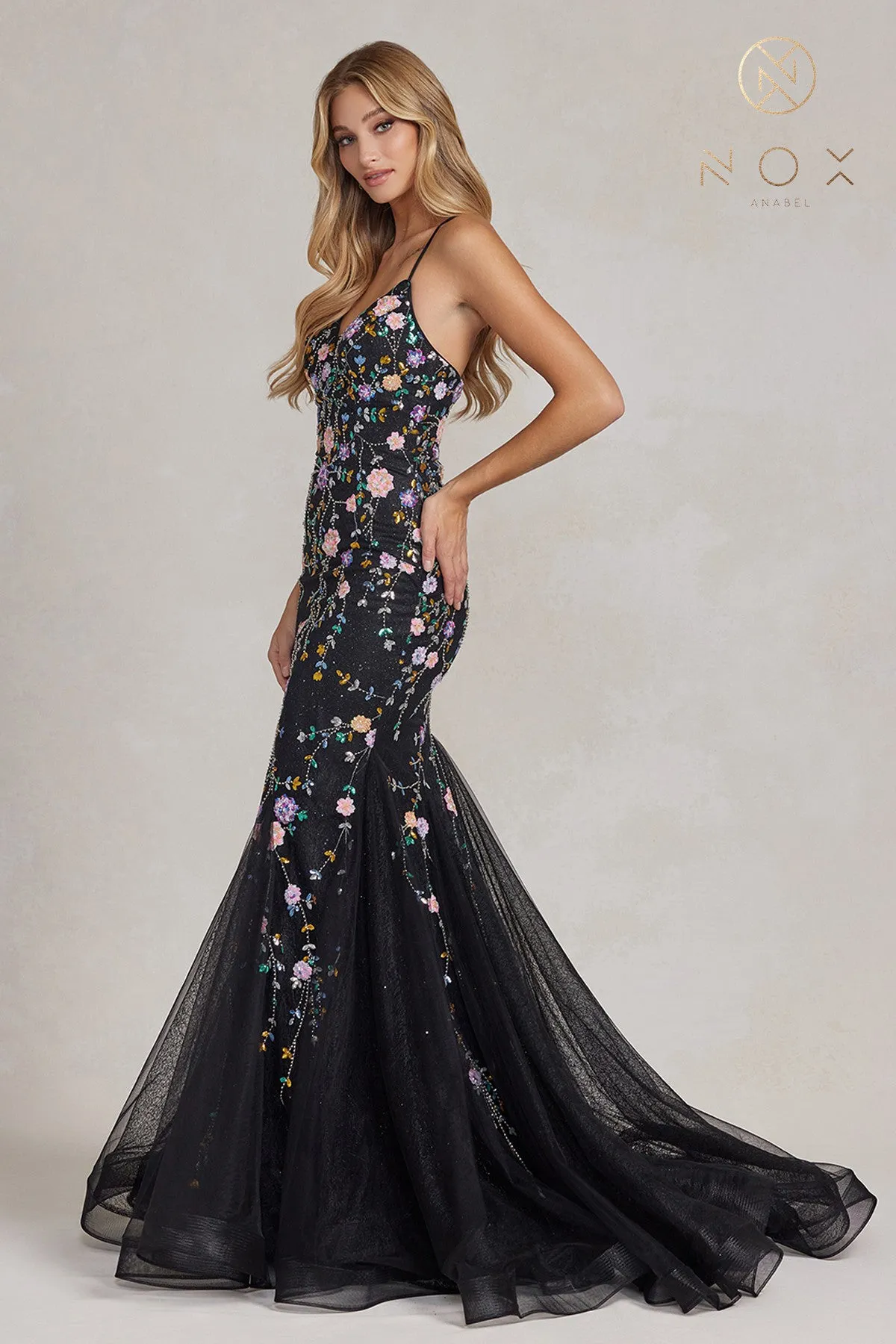 N C1117 -  Floral Embroidered Fit & Flare Prom Gown with & Open Lace Up Corset Back