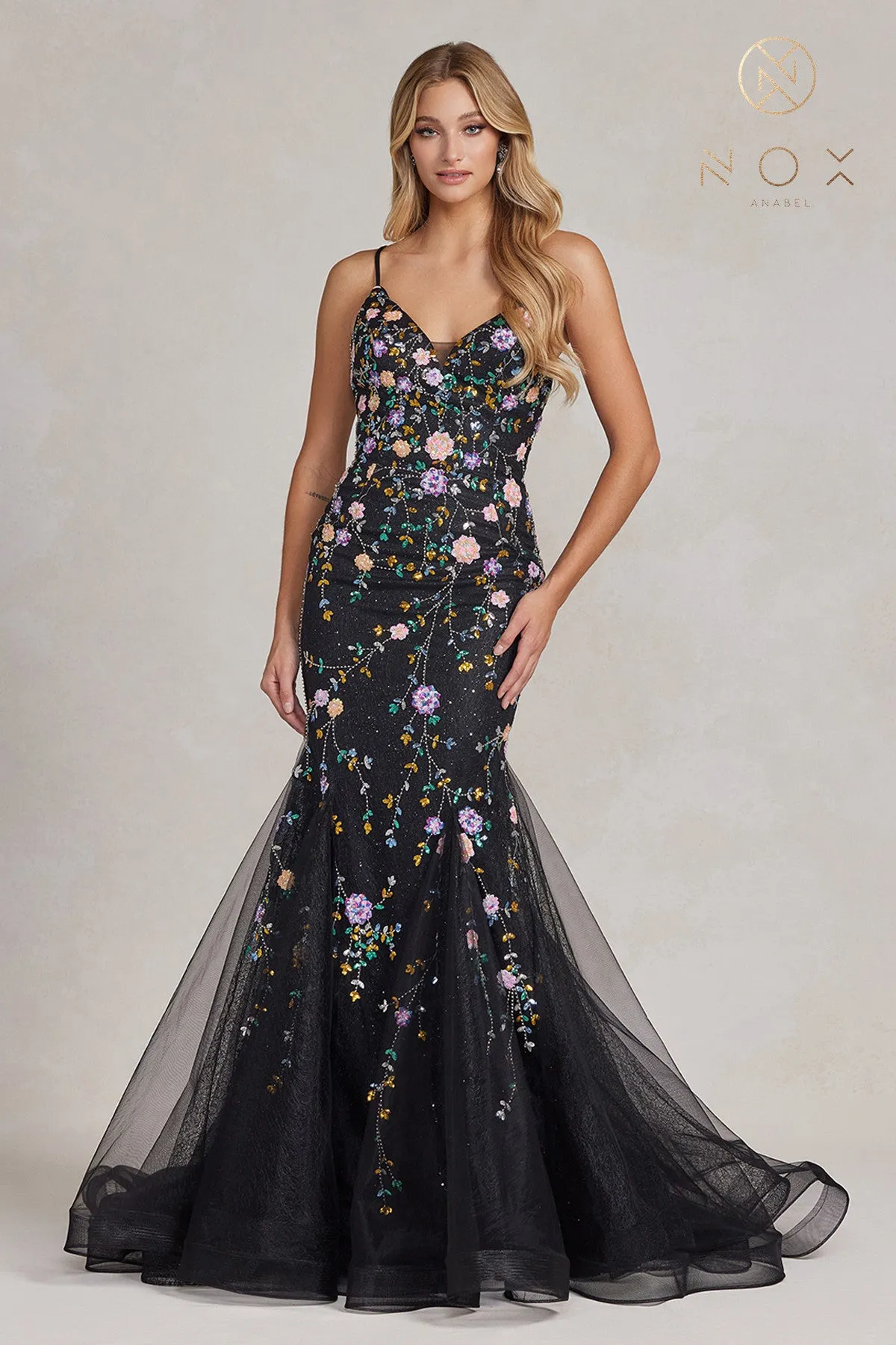 N C1117 -  Floral Embroidered Fit & Flare Prom Gown with & Open Lace Up Corset Back