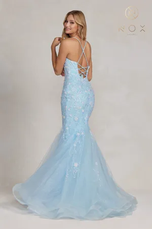 N C1117 -  Floral Embroidered Fit & Flare Prom Gown with & Open Lace Up Corset Back