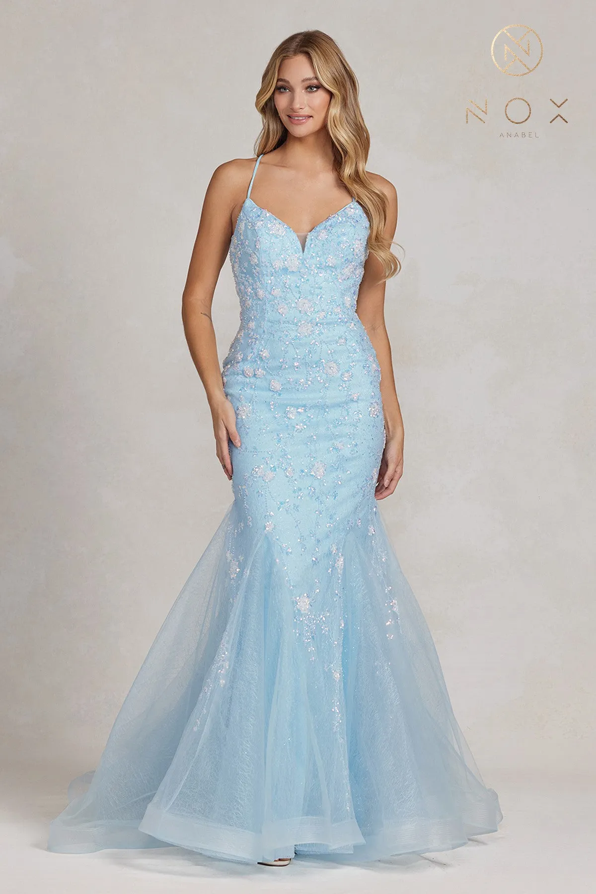 N C1117 -  Floral Embroidered Fit & Flare Prom Gown with & Open Lace Up Corset Back