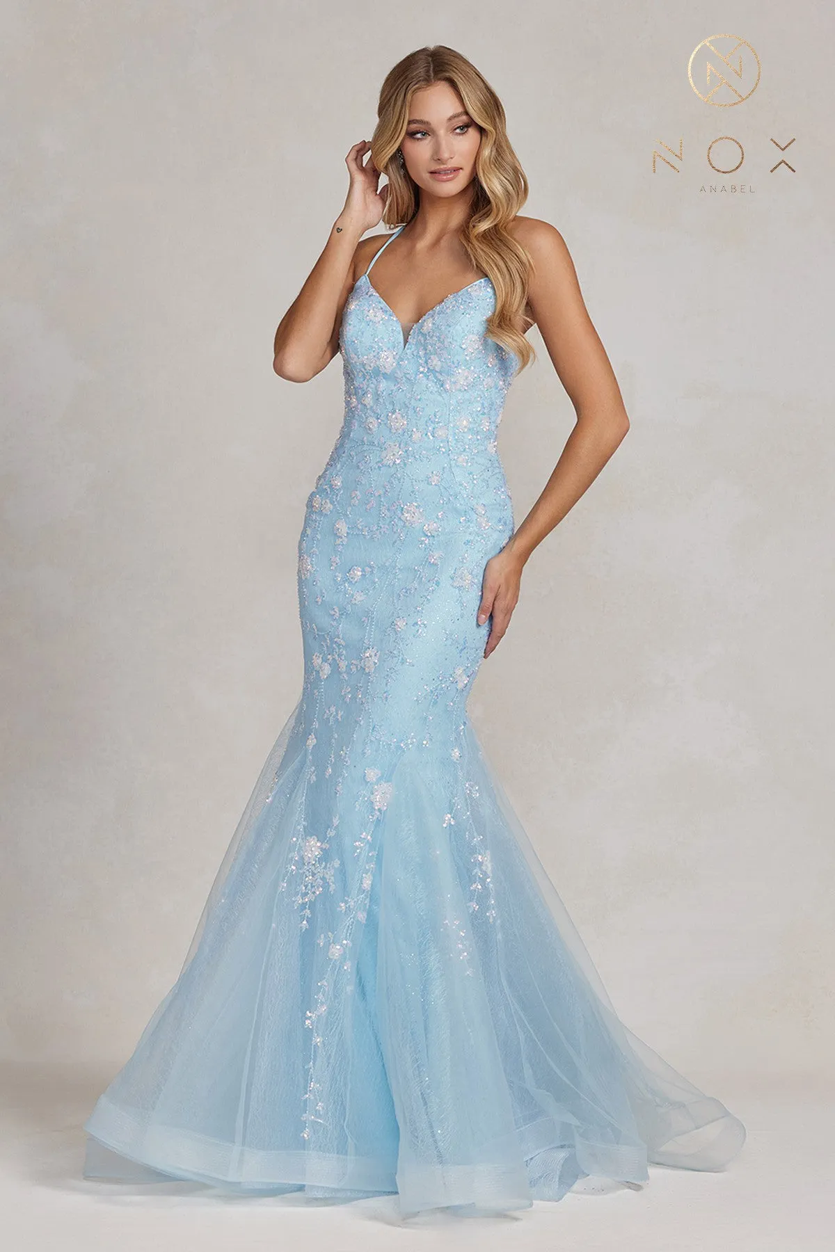 N C1117 -  Floral Embroidered Fit & Flare Prom Gown with & Open Lace Up Corset Back