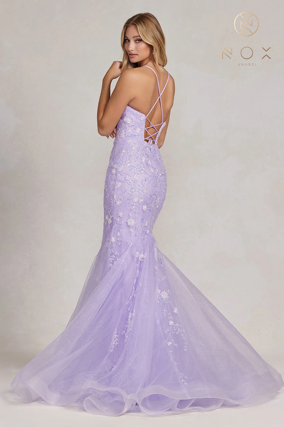 N C1117 -  Floral Embroidered Fit & Flare Prom Gown with & Open Lace Up Corset Back