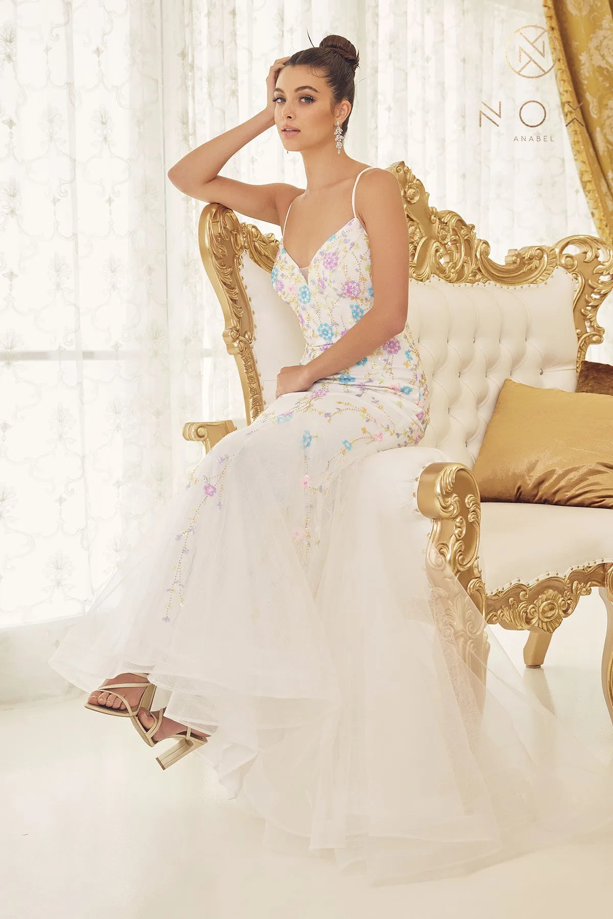 N C1117 -  Floral Embroidered Fit & Flare Prom Gown with & Open Lace Up Corset Back