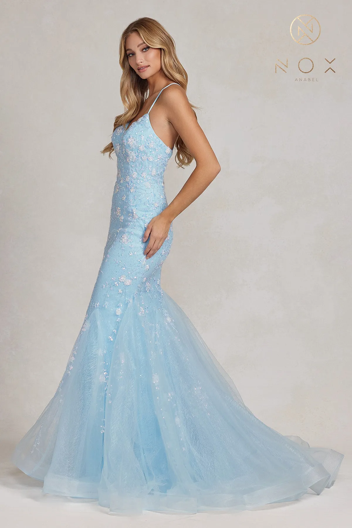 N C1117 -  Floral Embroidered Fit & Flare Prom Gown with & Open Lace Up Corset Back