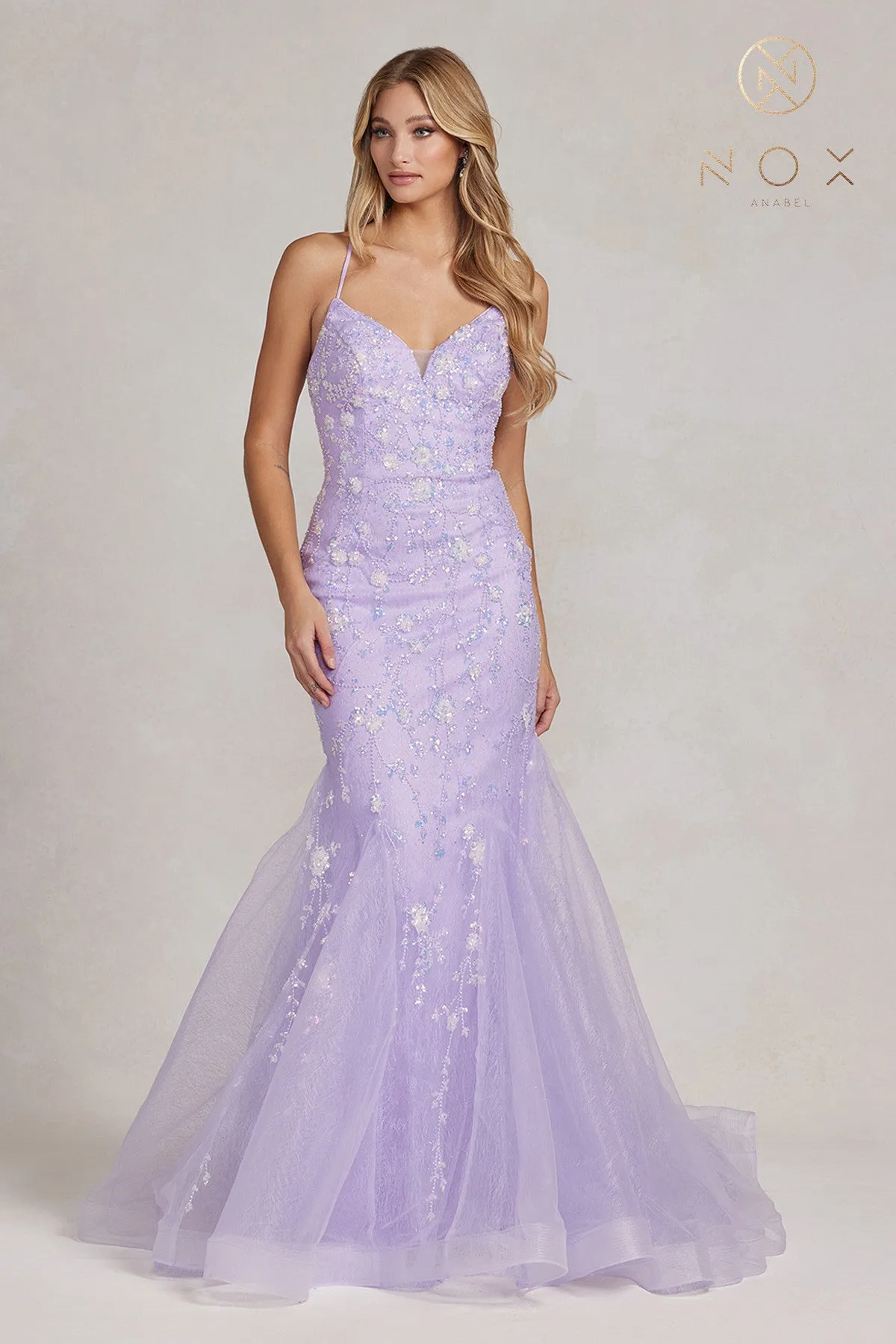 N C1117 -  Floral Embroidered Fit & Flare Prom Gown with & Open Lace Up Corset Back