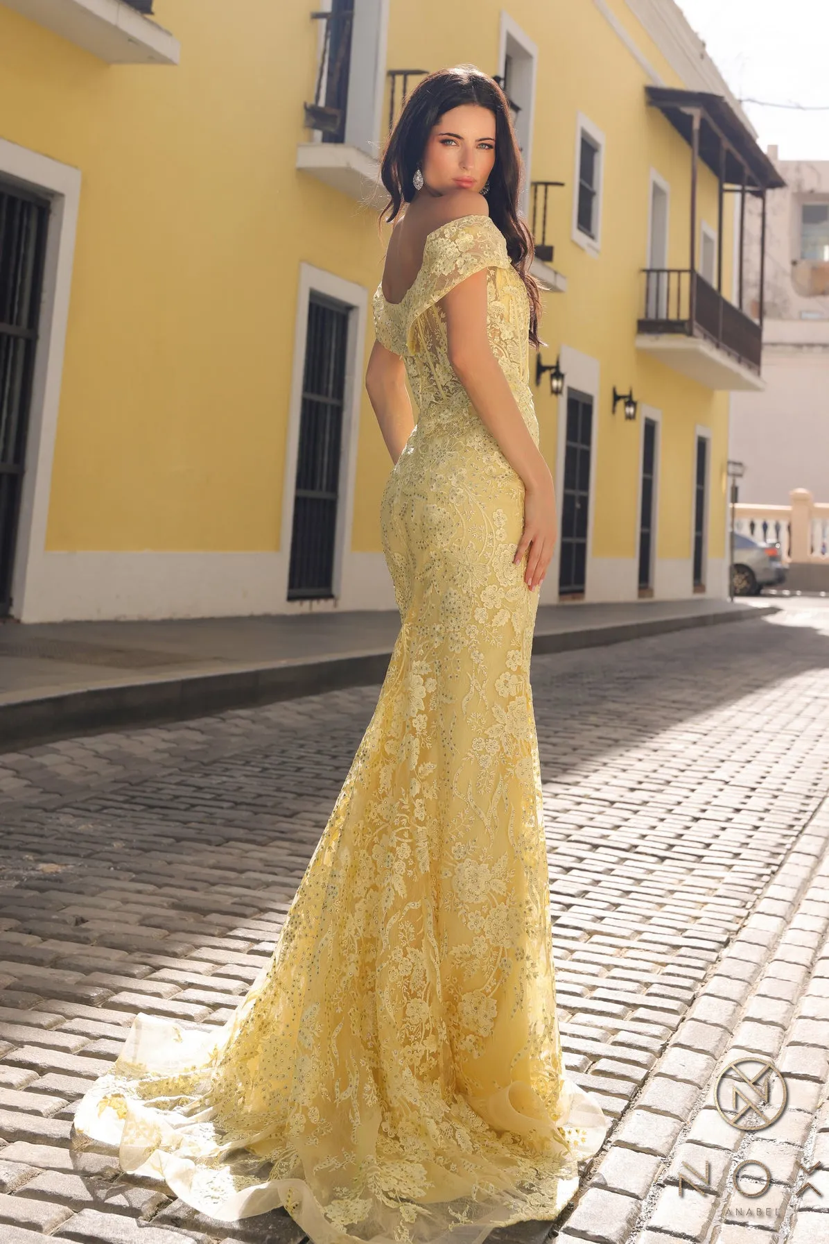N C1455 - Off the Shoulder Bead Embellished Lace Fit & Flare Prom Gown with Sheer Boned Corset Bodice & Leg Slit
