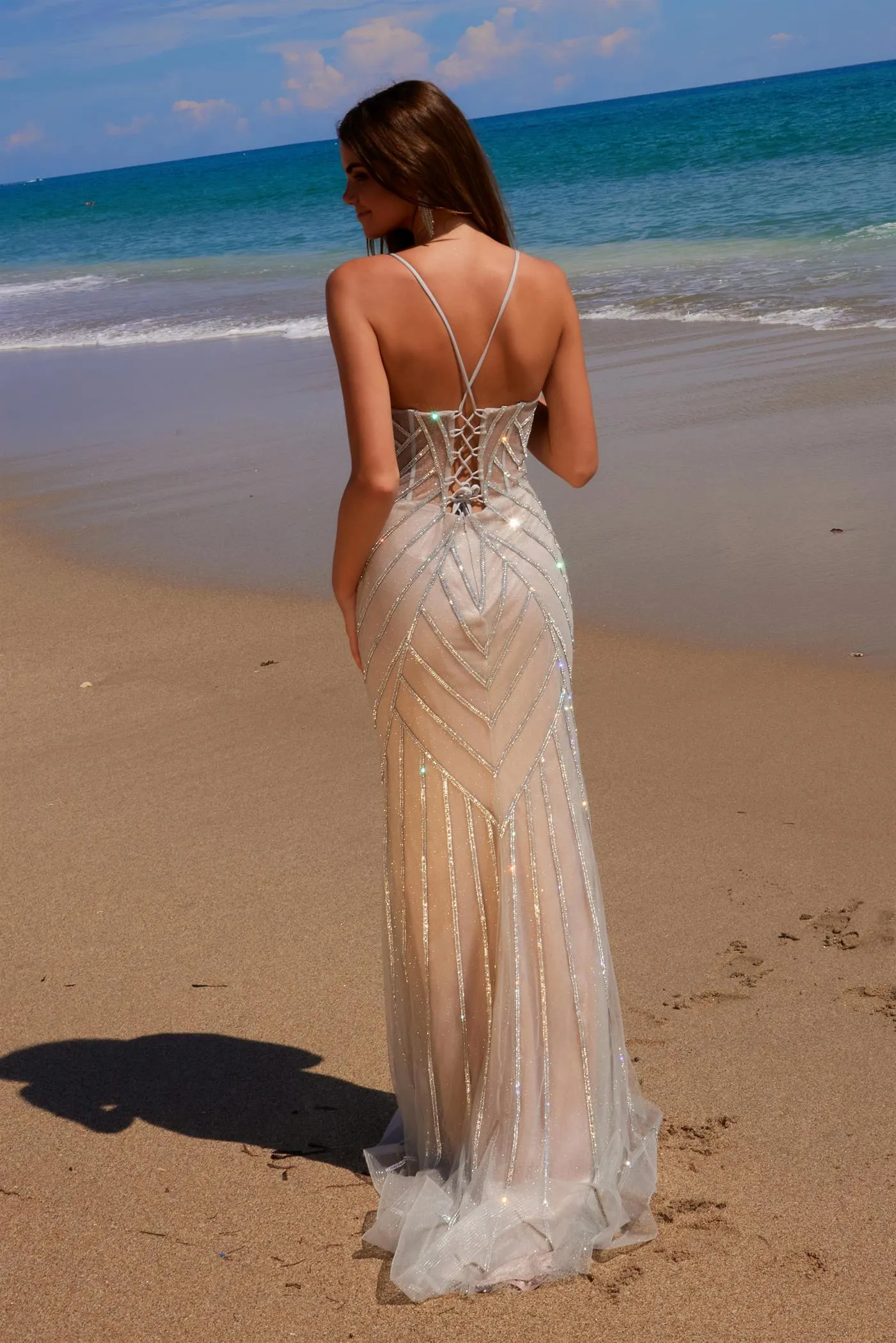 N C1632 - In-Line Beaded Fit & Flare Prom Gown with Plunging V-Neck & Open Lace Up Back
