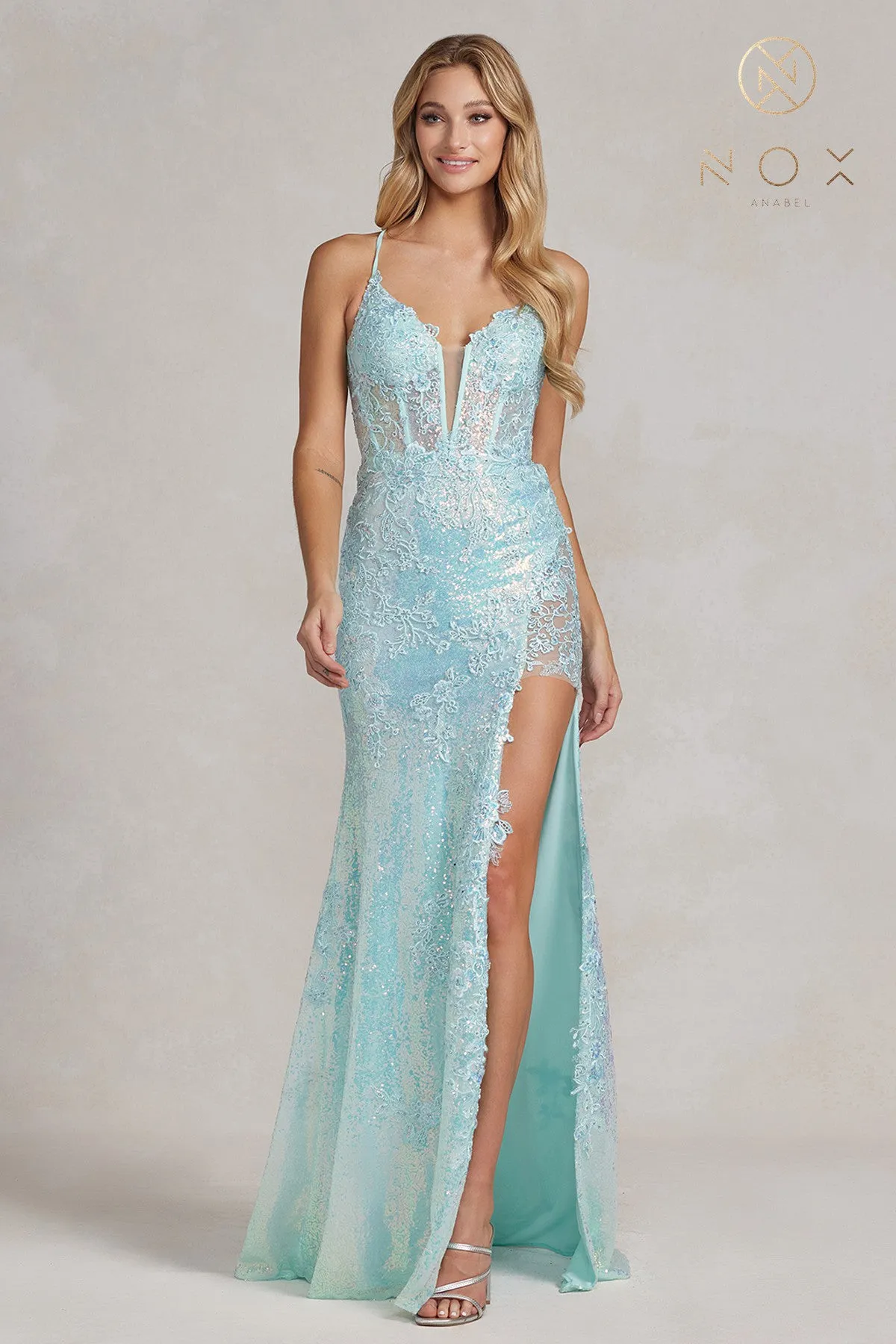 N D1157 - Full Sequin Fit & Flare Prom Gown with Sheer Lace Embellished Boned Bodice Leg Slit & Corset Back