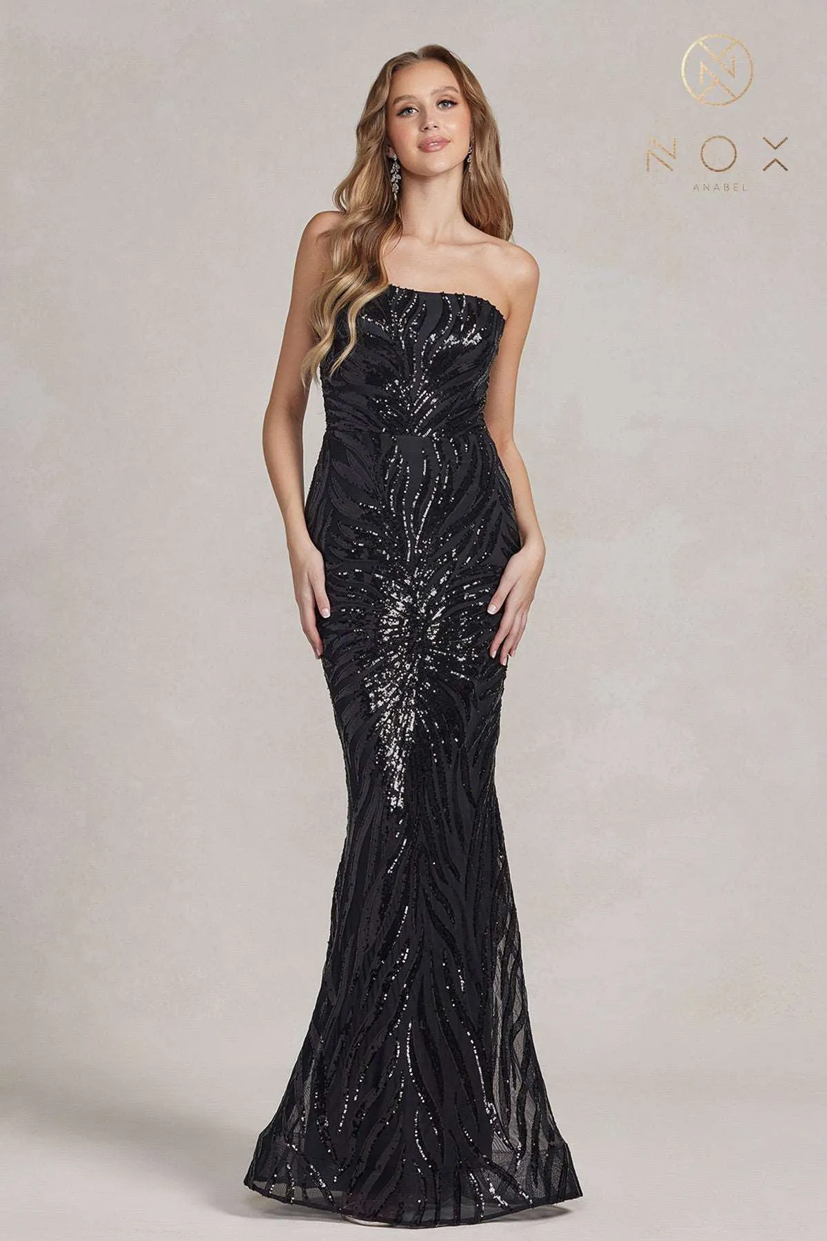 N R1204 - Fit & Flare One Shoulder Prom Gown with Full Sequin Design