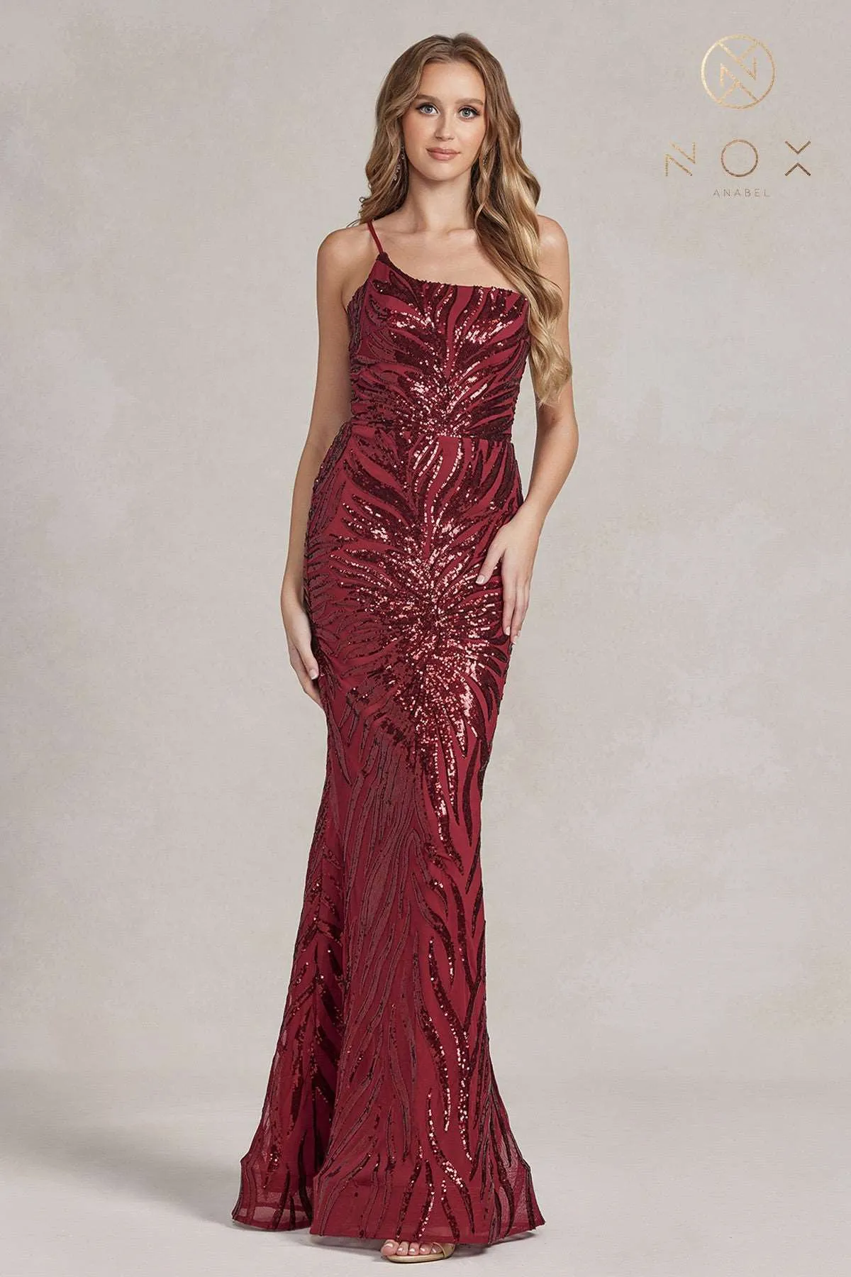 N R1204 - Fit & Flare One Shoulder Prom Gown with Full Sequin Design