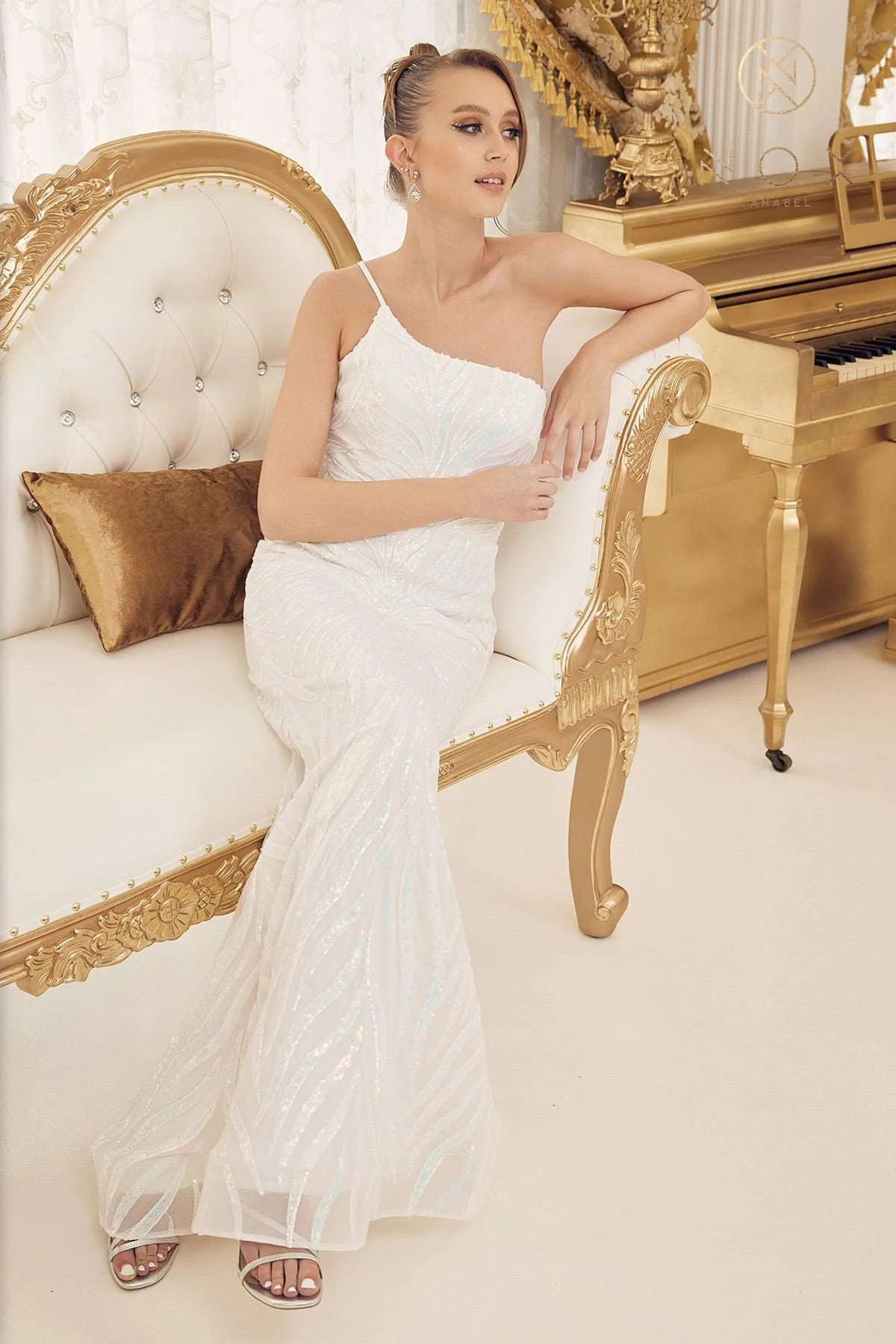 N R1204 - Fit & Flare One Shoulder Prom Gown with Full Sequin Design