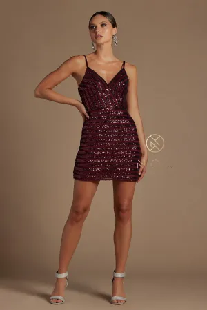 N R706 - Full Sequin Fitted Short Homecoming Dress with V-Neck & Spaghetti Straps