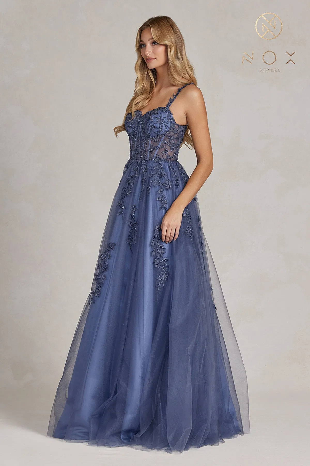 N T1082 - A-Line Boned Bodice Tulle Skirt Prom Gown with Sparkling Floral Applique