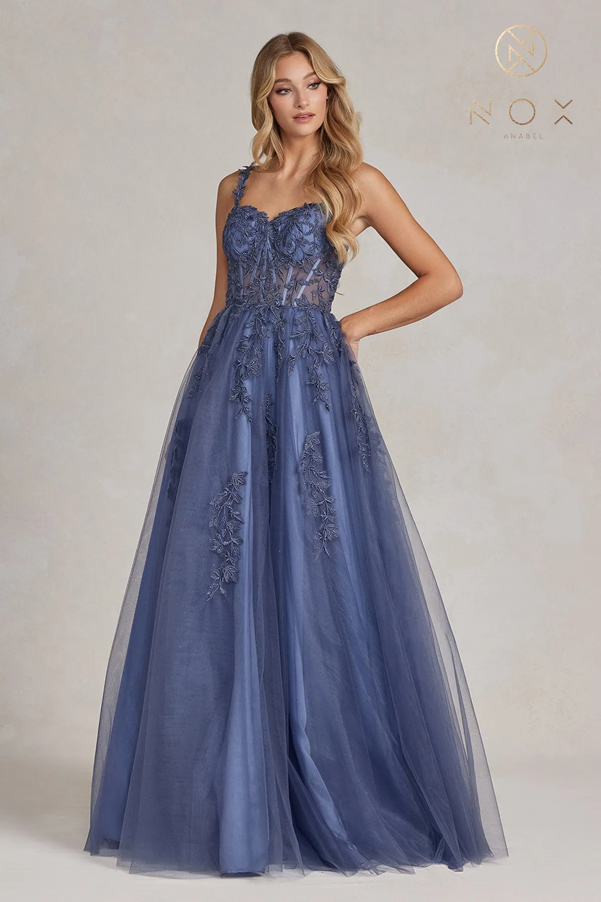 N T1082 - A-Line Boned Bodice Tulle Skirt Prom Gown with Sparkling Floral Applique