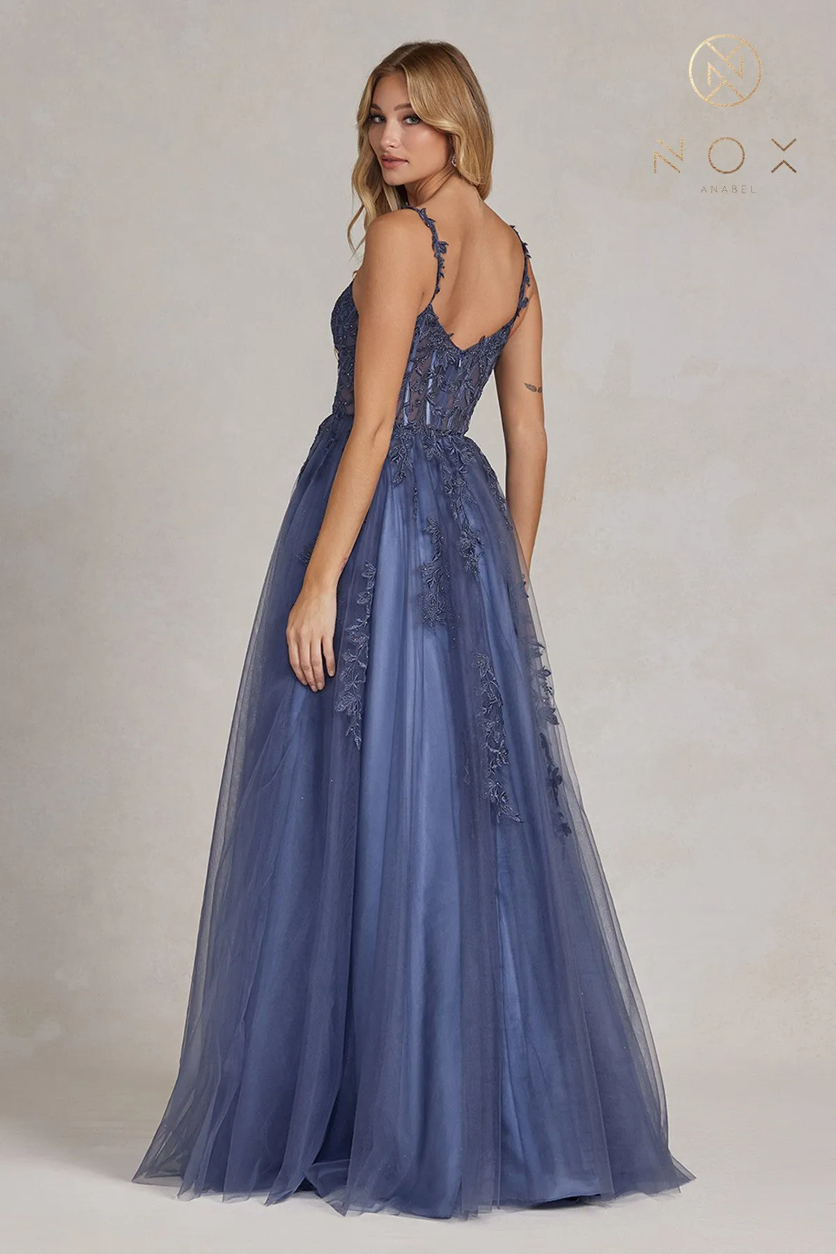 N T1082 - A-Line Boned Bodice Tulle Skirt Prom Gown with Sparkling Floral Applique