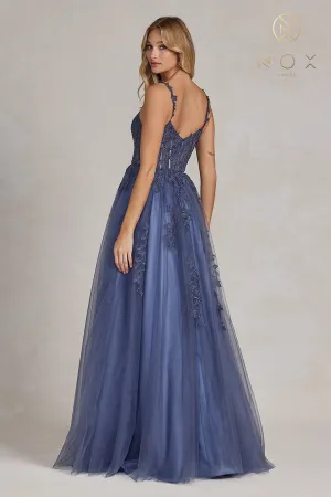 N T1082 - A-Line Boned Bodice Tulle Skirt Prom Gown with Sparkling Floral Applique