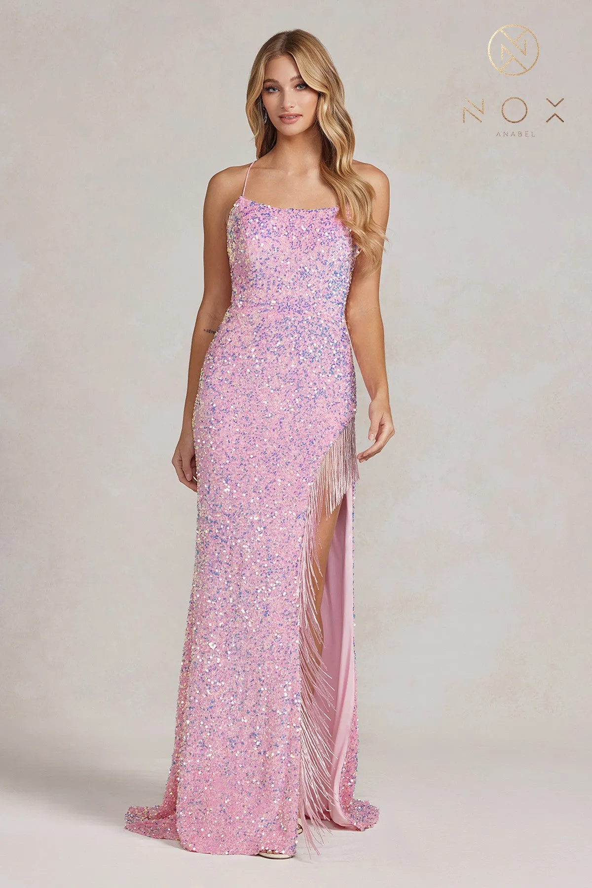 N T1209 - Fit & Flare Full Sequin Scoop Neck Prom Gown with Fringe Detail & Lace Up Back