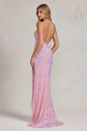 N T1209 - Fit & Flare Full Sequin Scoop Neck Prom Gown with Fringe Detail & Lace Up Back
