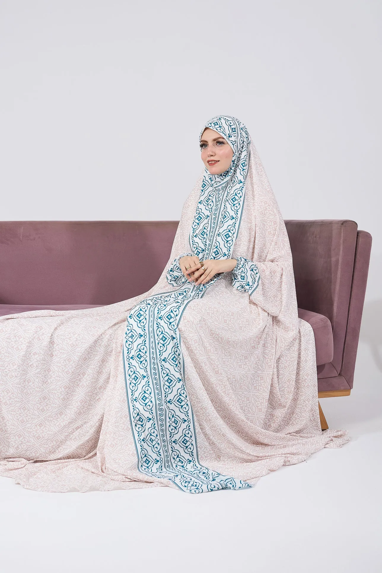 Nahlah Satin Home Prayer Gown with Blue Moroccan Print and Elastic Cuffs