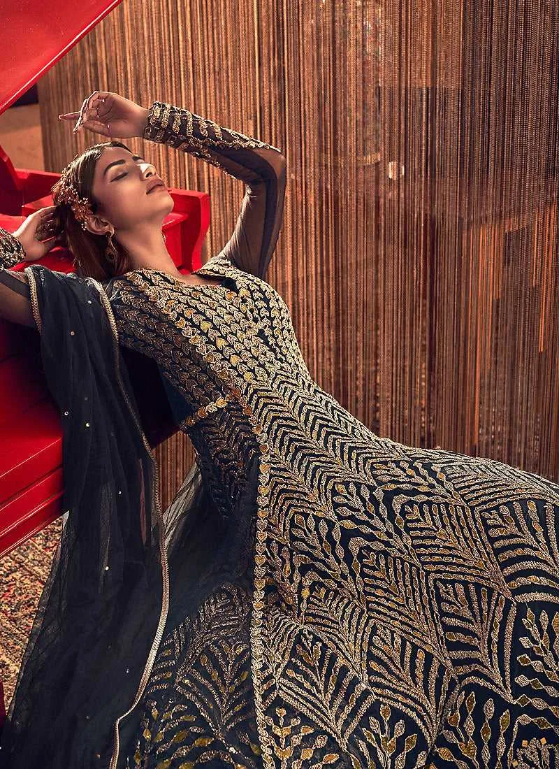 Navy Blue and Gold Heavy Embroidered Jacket Style Anarkali