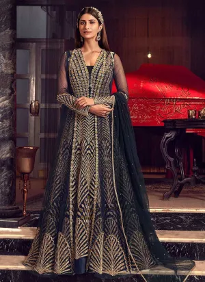 Navy Blue and Gold Heavy Embroidered Jacket Style Anarkali