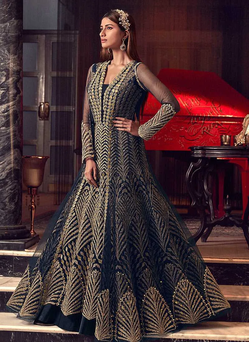 Navy Blue and Gold Heavy Embroidered Jacket Style Anarkali