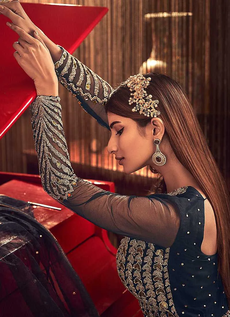 Navy Blue and Gold Heavy Embroidered Jacket Style Anarkali