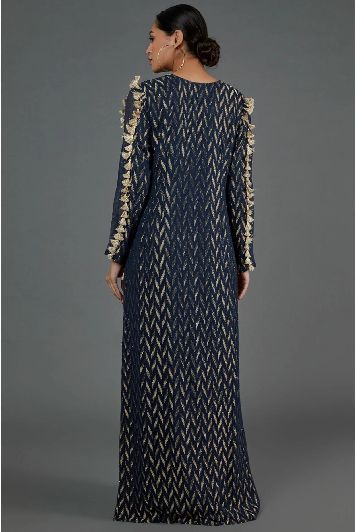 NAVY DASH IKAT BANARASI GEORGETTE EMBROIDERED YOKE KAFTAN WITH ORGANZA DETAILED SLEEVES