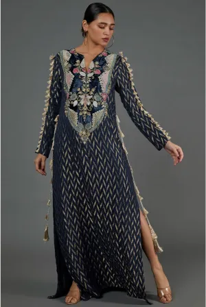 NAVY DASH IKAT BANARASI GEORGETTE EMBROIDERED YOKE KAFTAN WITH ORGANZA DETAILED SLEEVES