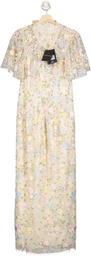 Needle & Thread Cream Secret Garden Embroidered Short Sleeve Floral Ankle Gown UK 16