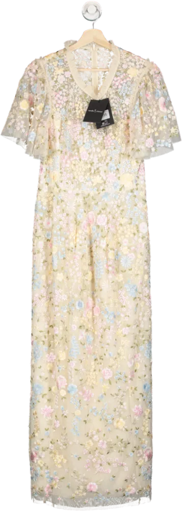 Needle & Thread Cream Secret Garden Embroidered Short Sleeve Floral Ankle Gown UK 16
