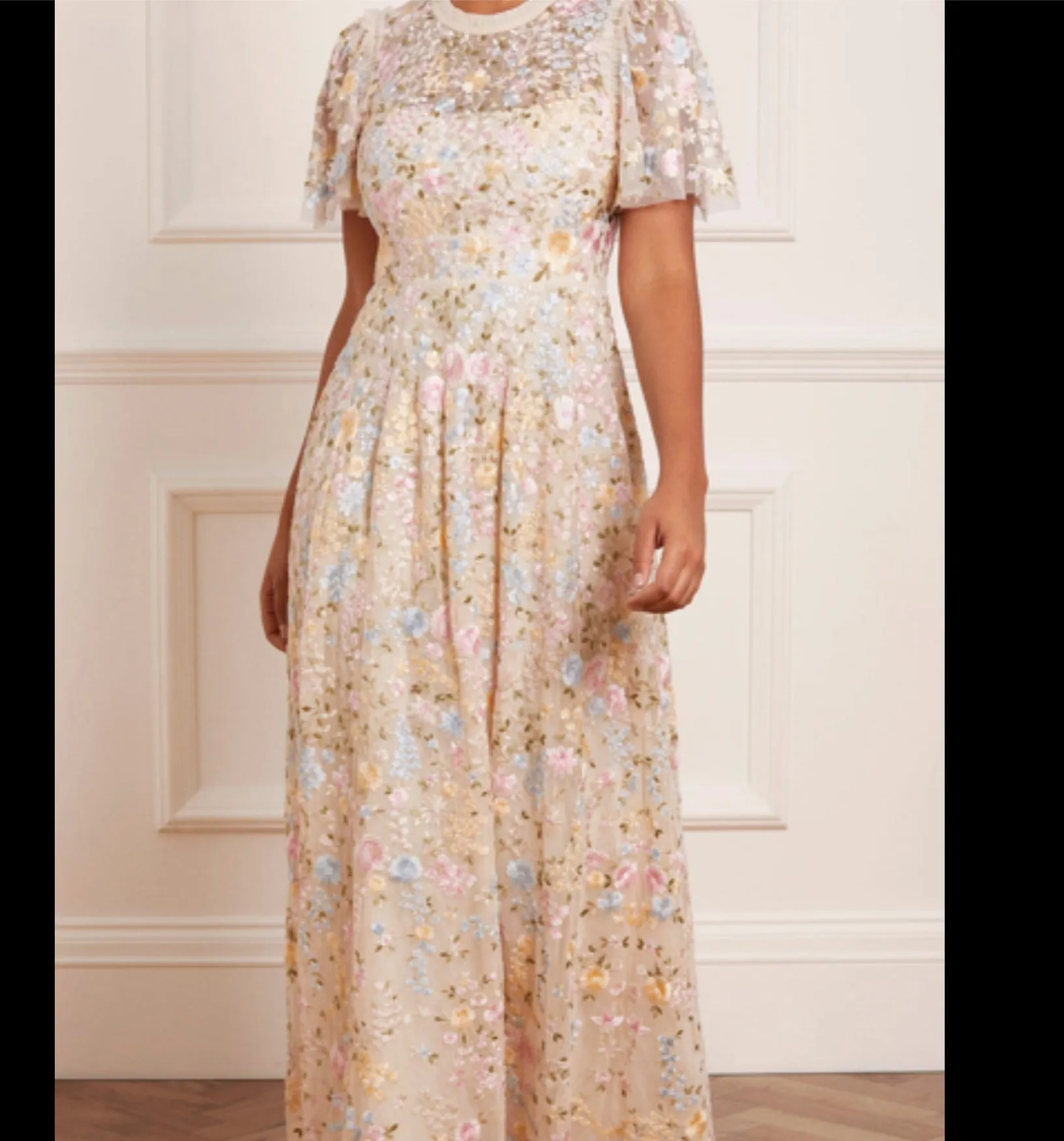 Needle & Thread Cream Secret Garden Embroidered Short Sleeve Floral Ankle Gown UK 16
