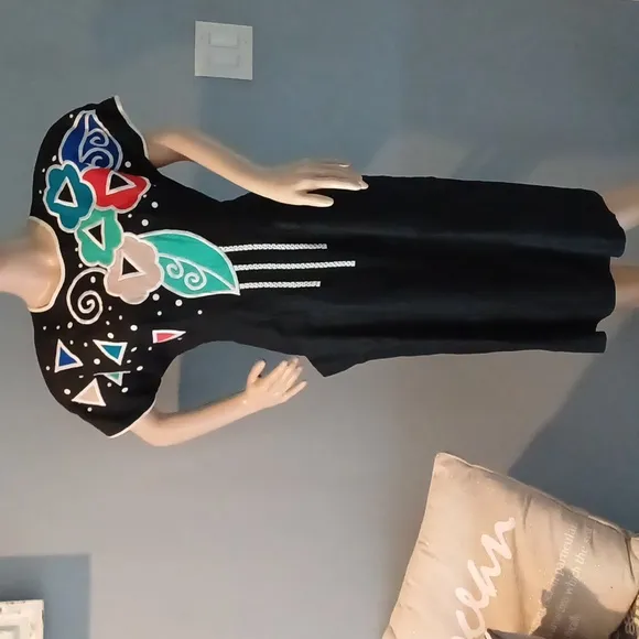 Neiman-Marcus vintage linen applique shoulder pad dress 10