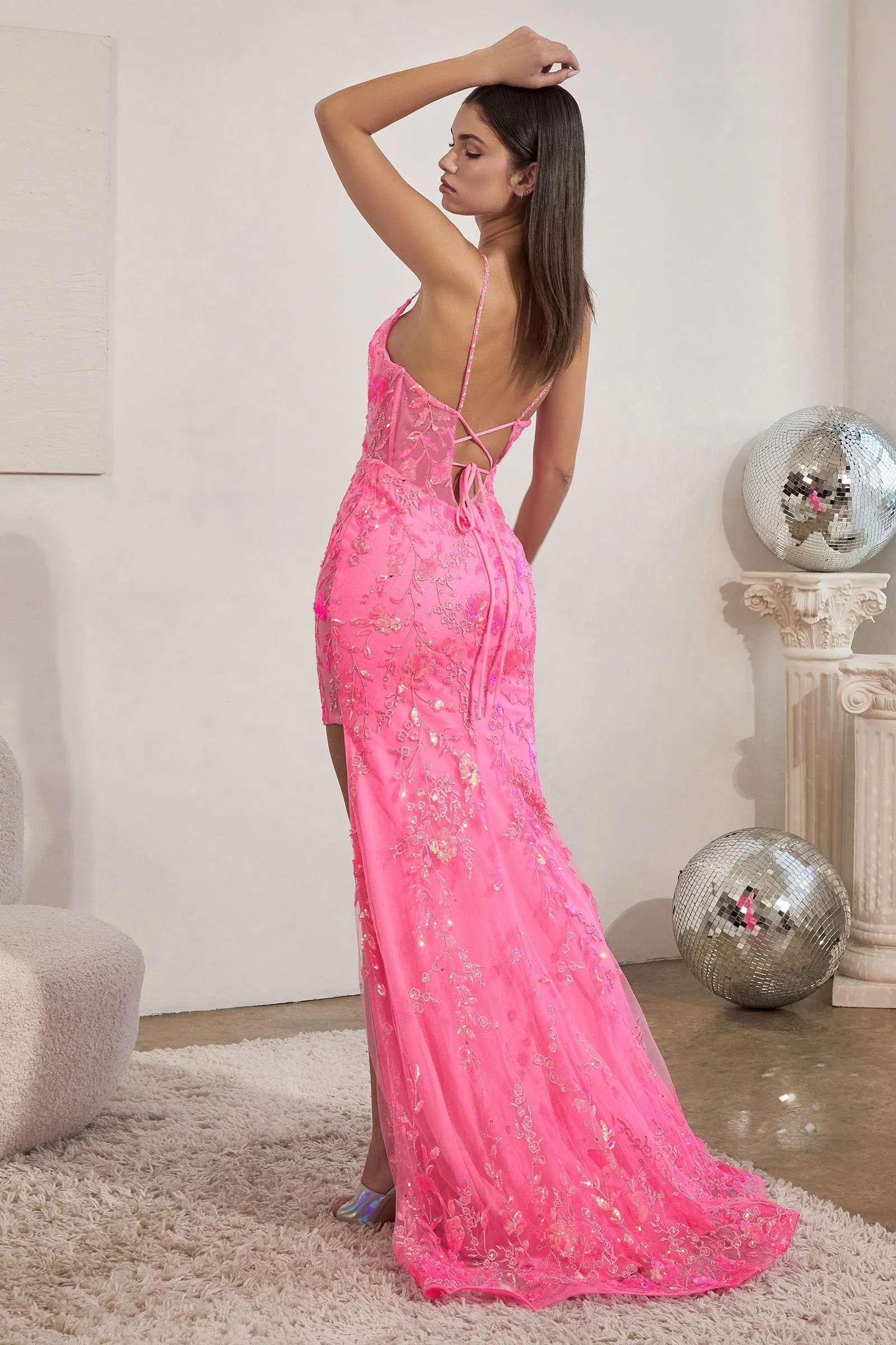 Neon Sequin Print Fitted Gown