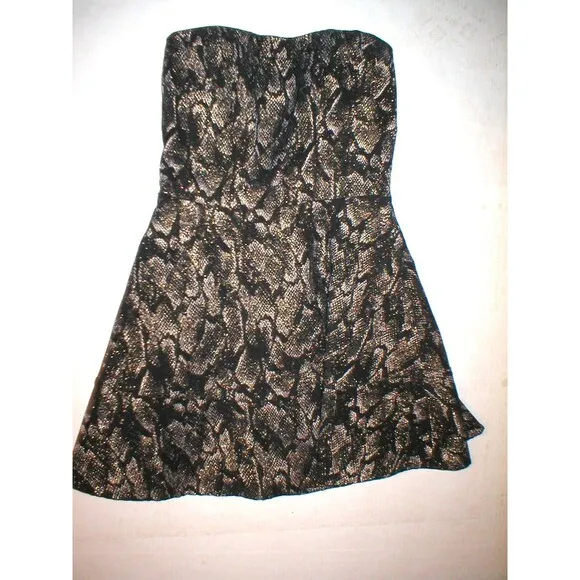 New Express $118 Womens Strapless Metallic Gold Black Snake Fit Flare Dress 10
