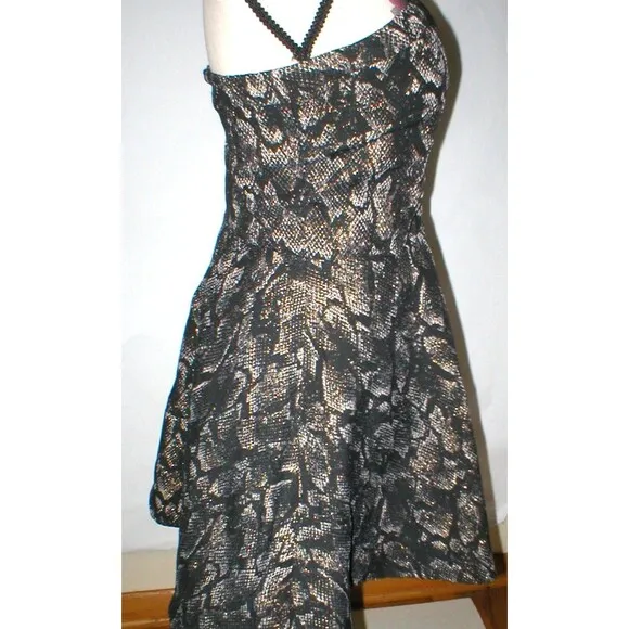 New Express $118 Womens Strapless Metallic Gold Black Snake Fit Flare Dress 10