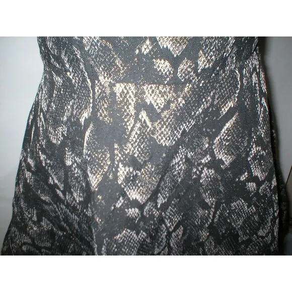 New Express $118 Womens Strapless Metallic Gold Black Snake Fit Flare Dress 10