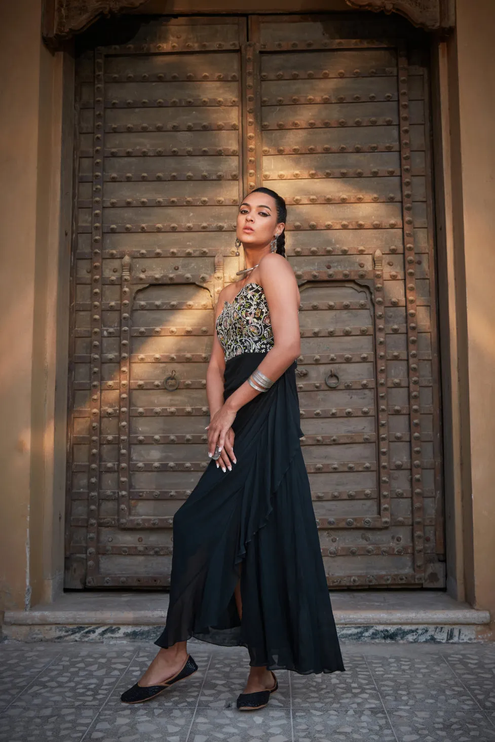 Nia- Green Embroidered Strapless Gown