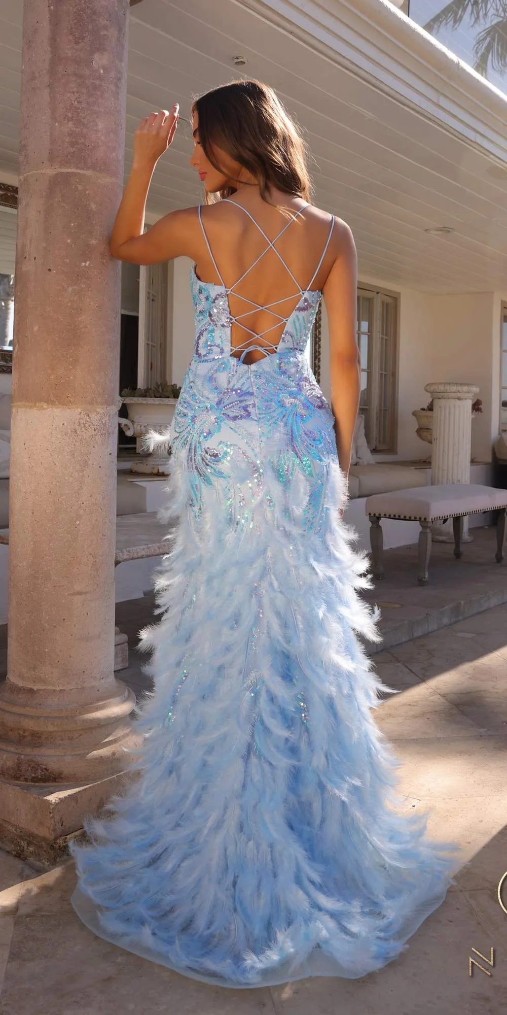 Nox Anabel C1413 Long Sequin Embroidered Applique Fitted Feather Gown