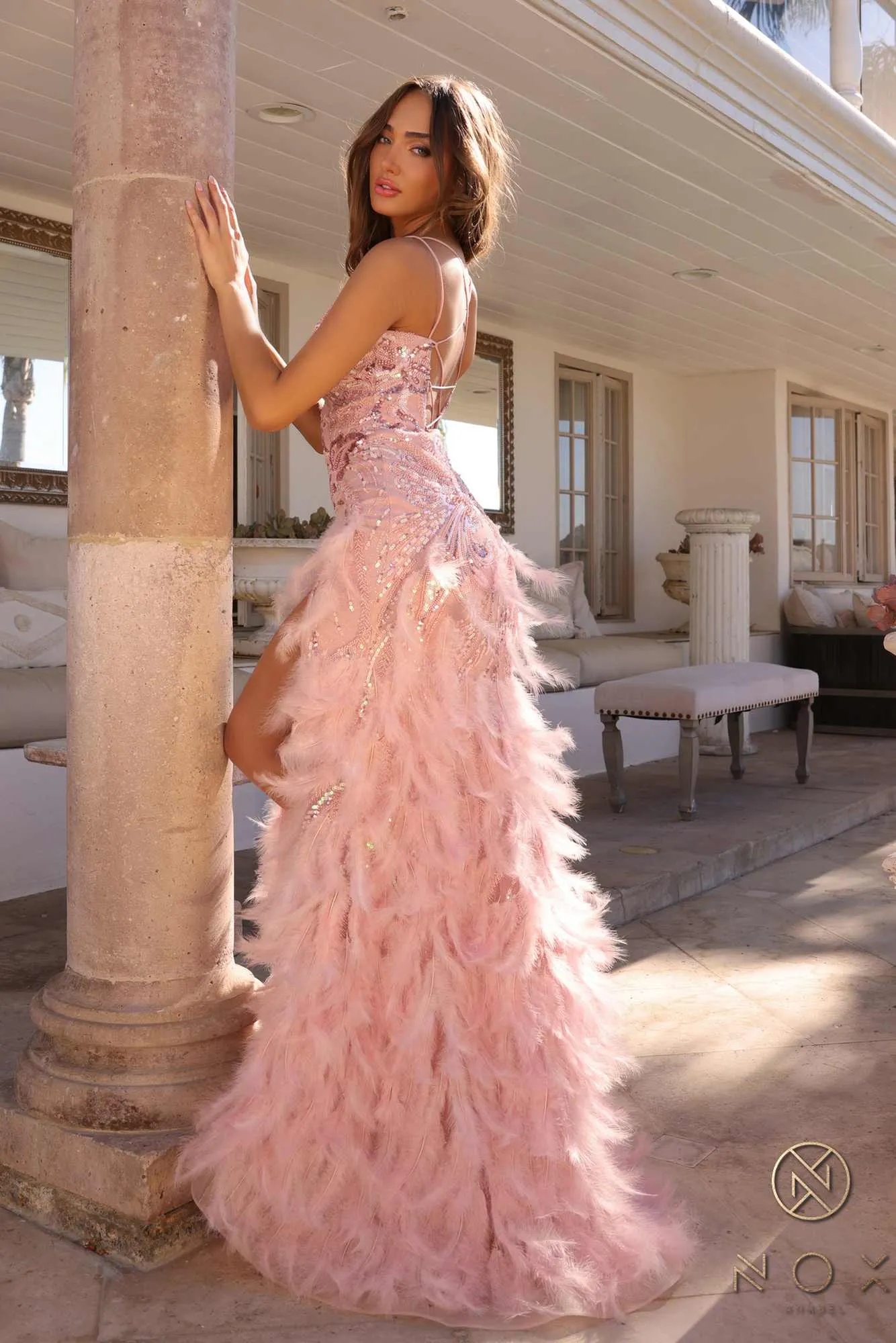 Nox Anabel C1413 Long Sequin Embroidered Applique Fitted Feather Gown