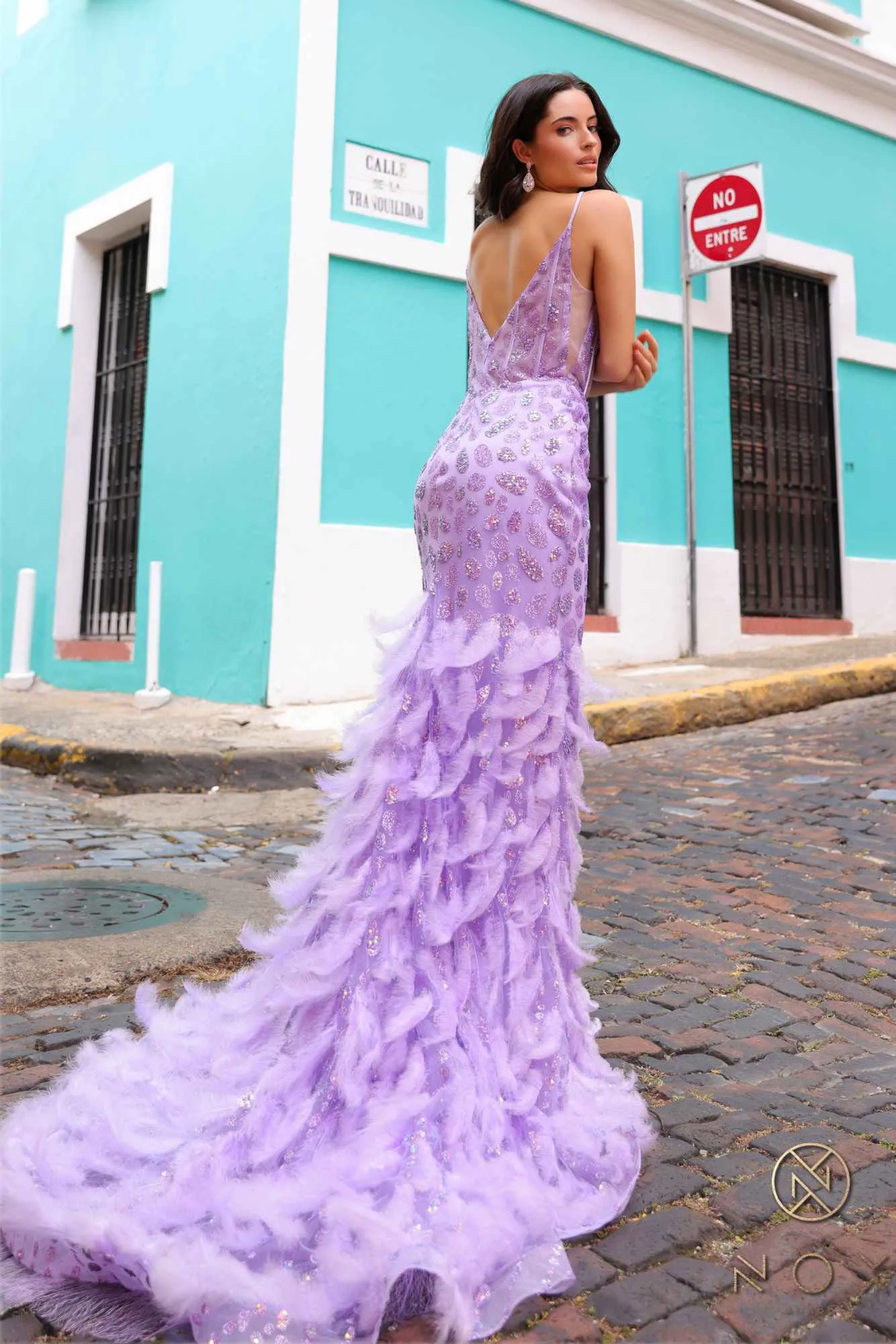 Nox Anabel C1422 Long Glitter Embellished Feather Skirt Fitted Gown