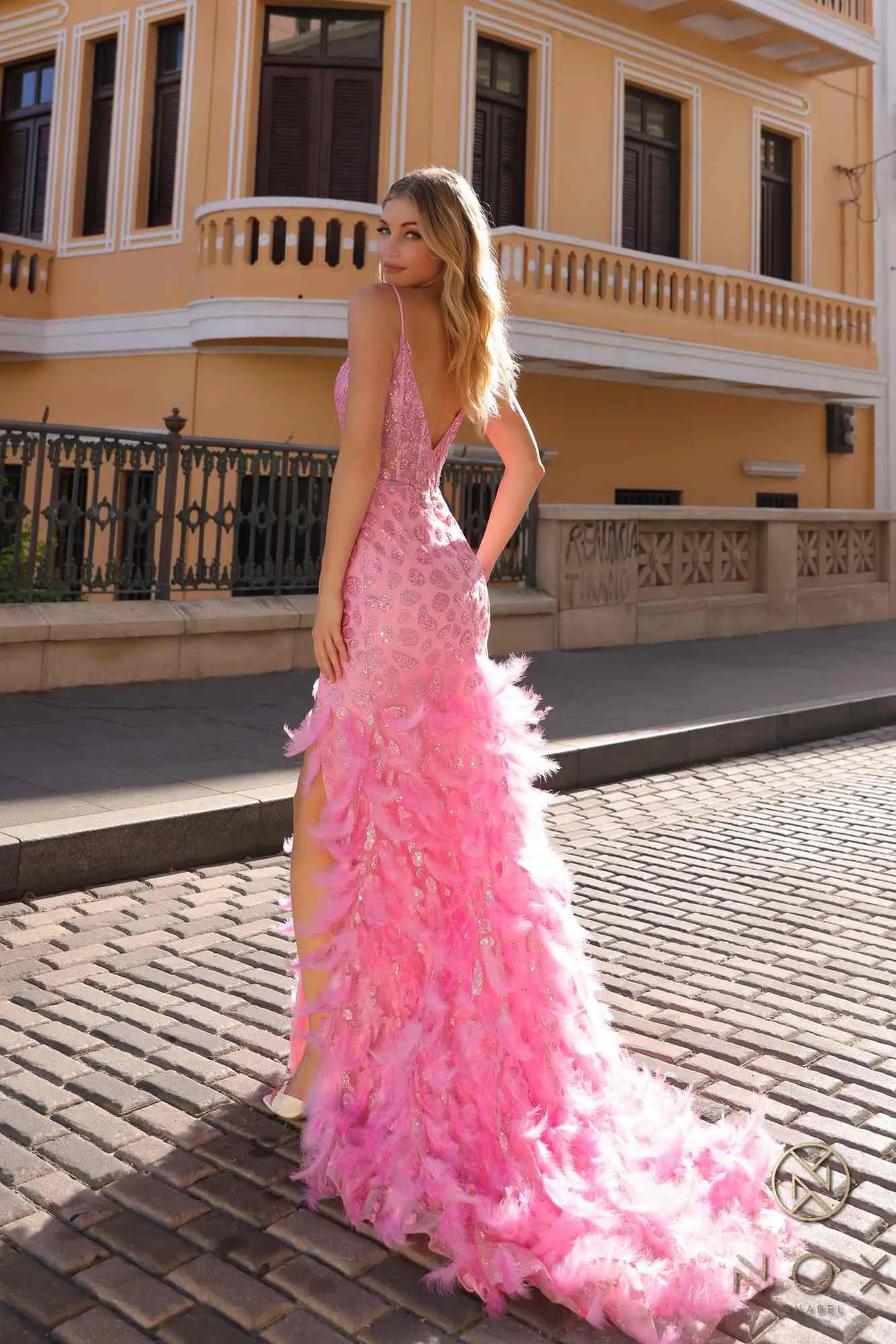 Nox Anabel C1422 Long Glitter Embellished Feather Skirt Fitted Gown