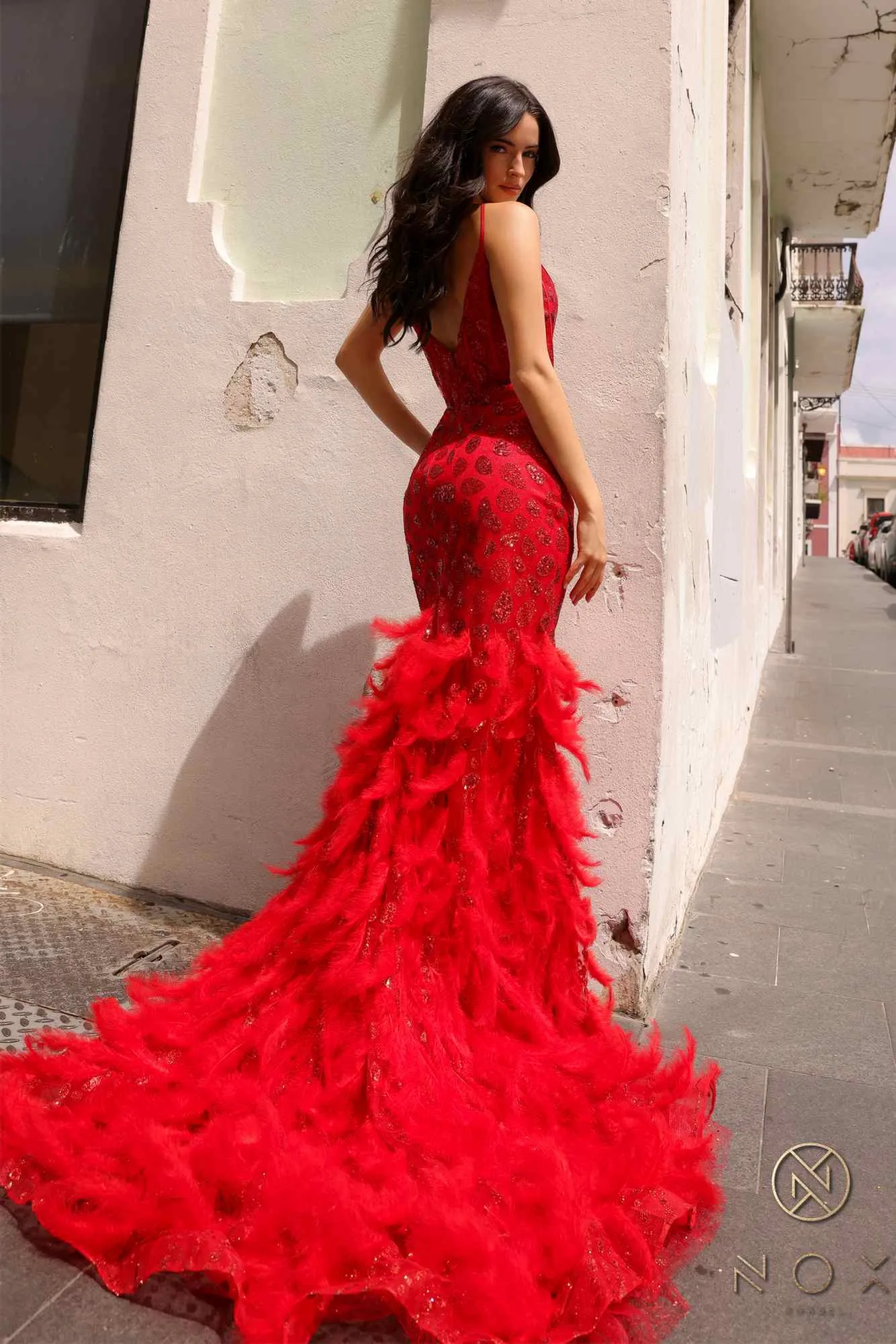 Nox Anabel C1422 Long Glitter Embellished Feather Skirt Fitted Gown