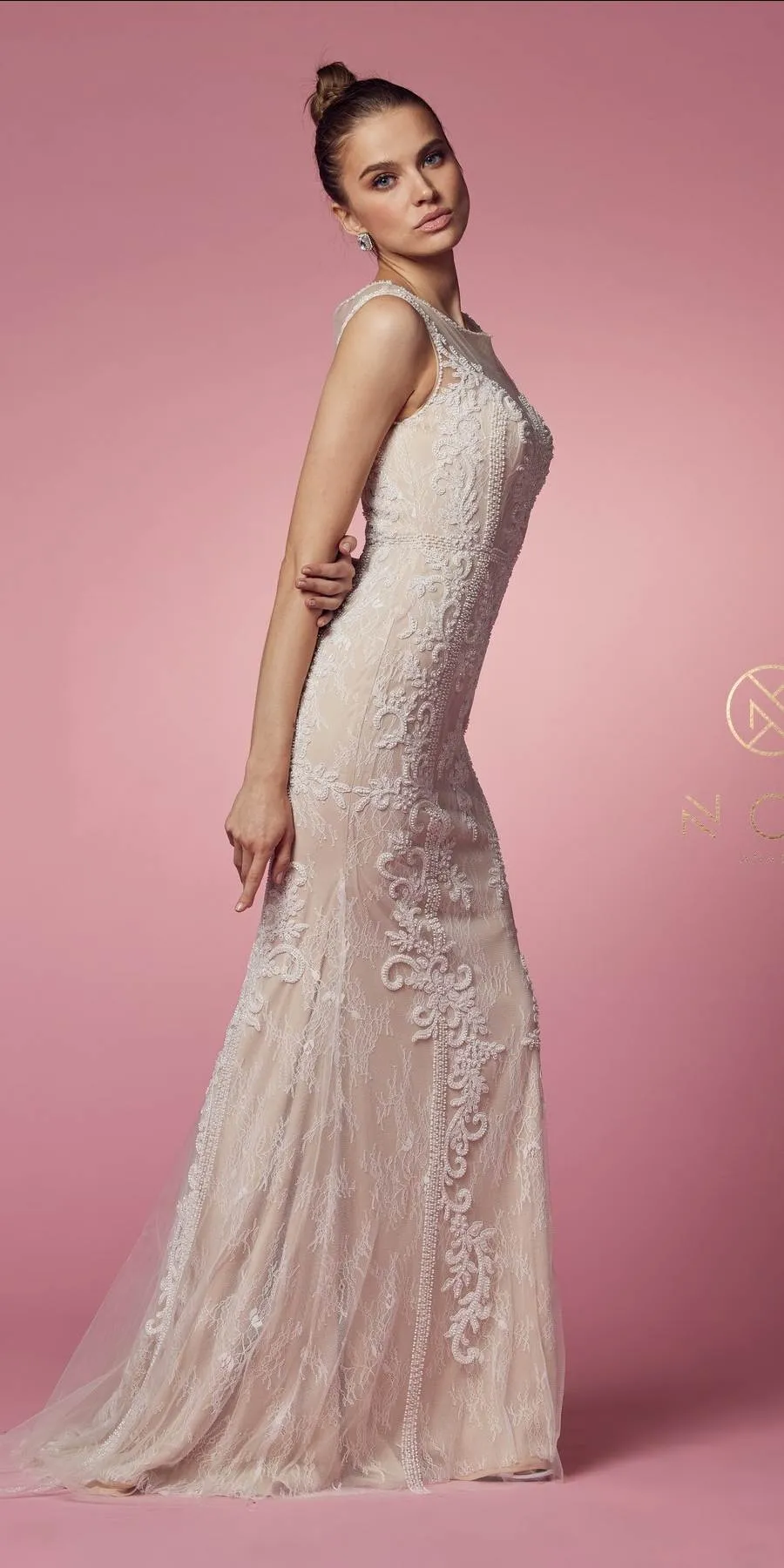 Nox Anabel E1006 Fitted Sheath Formal Lace Dress with Illusion Neckline