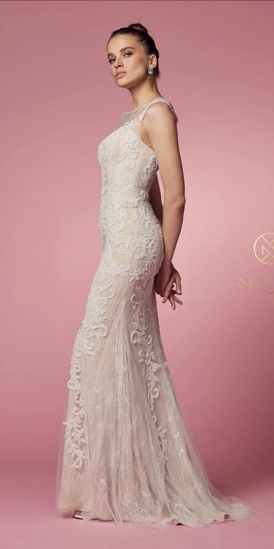 Nox Anabel E1006 Fitted Sheath Formal Lace Dress with Illusion Neckline