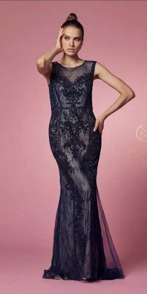 Nox Anabel E1006 Fitted Sheath Formal Lace Dress with Illusion Neckline