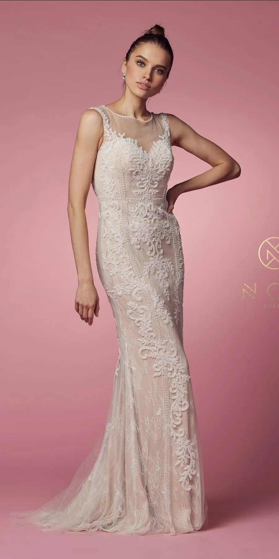 Nox Anabel E1006 Fitted Sheath Formal Lace Dress with Illusion Neckline