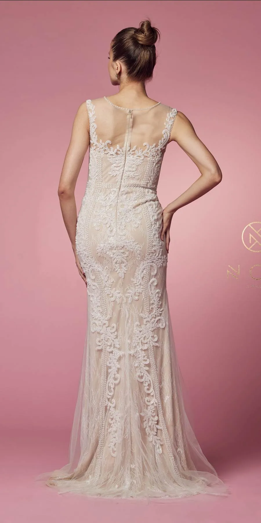 Nox Anabel E1006 Fitted Sheath Formal Lace Dress with Illusion Neckline